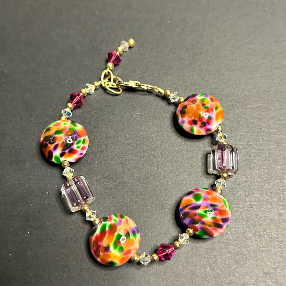 Colorful Lampwork Glass Bead Bracelet 7.5” Crystal Accent Handmade Style